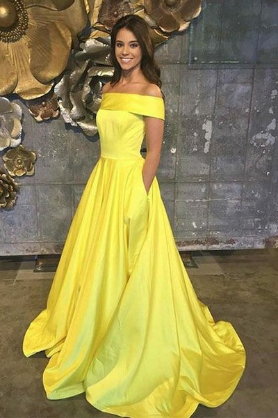 Yellow Satin Off-the-shoulder Prom ...